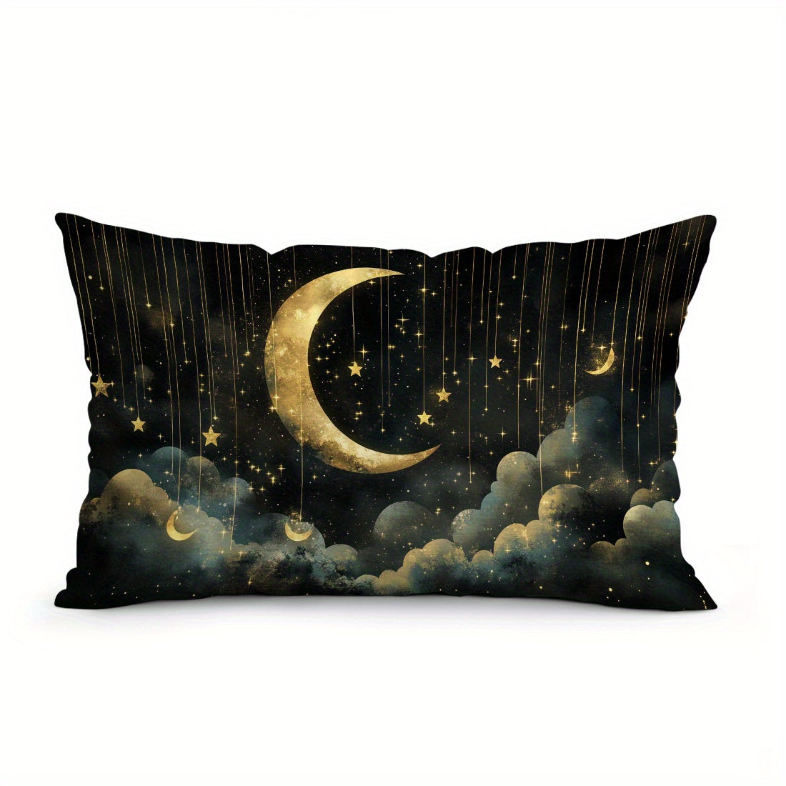 Contemporary starry night moon design throw pillow cover made of 100% polyester woven peach skin velvet, machine washable with zipper closure. 30x50cm size with decorative cushion case for any room.