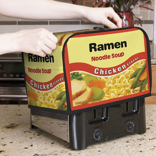 Introducing a charming ramen print toaster cover featuring beef and chicken flavors, crafted to safeguard your toaster from dust and fingerprints. This cover is conveniently machine washable and designed to fit two-slice toasters, ensuring it remains a