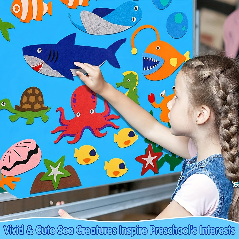 Ocean Animals Felt Board Set - Dive into the Underwater World with this interactive storytelling flannel toy set featuring a Shark, Octopus, Dolphin, and Turtle. Perfect for kids ages 3 and up, this wall hanging game is reusable and made from durable