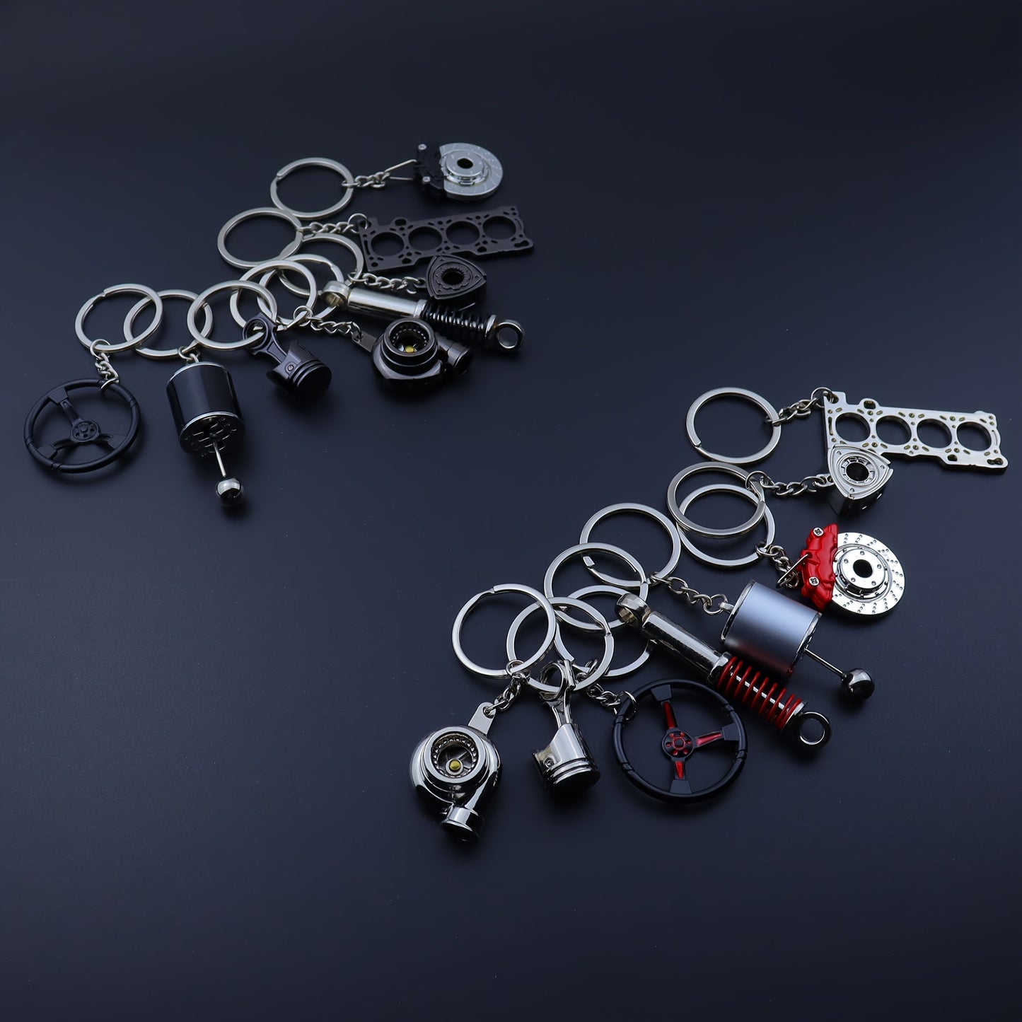 Keychains for creative car modifications, including piston, brake disc, gear, turbocharger, small rotor, shock absorber, engine blade, and steering wheel designs. Perfect for car enthusiasts and as a unique gift.