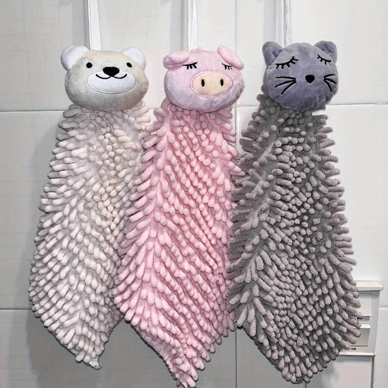 Chenille hanging towel with quick-dry, cute cartoon design and loop for bathroom.