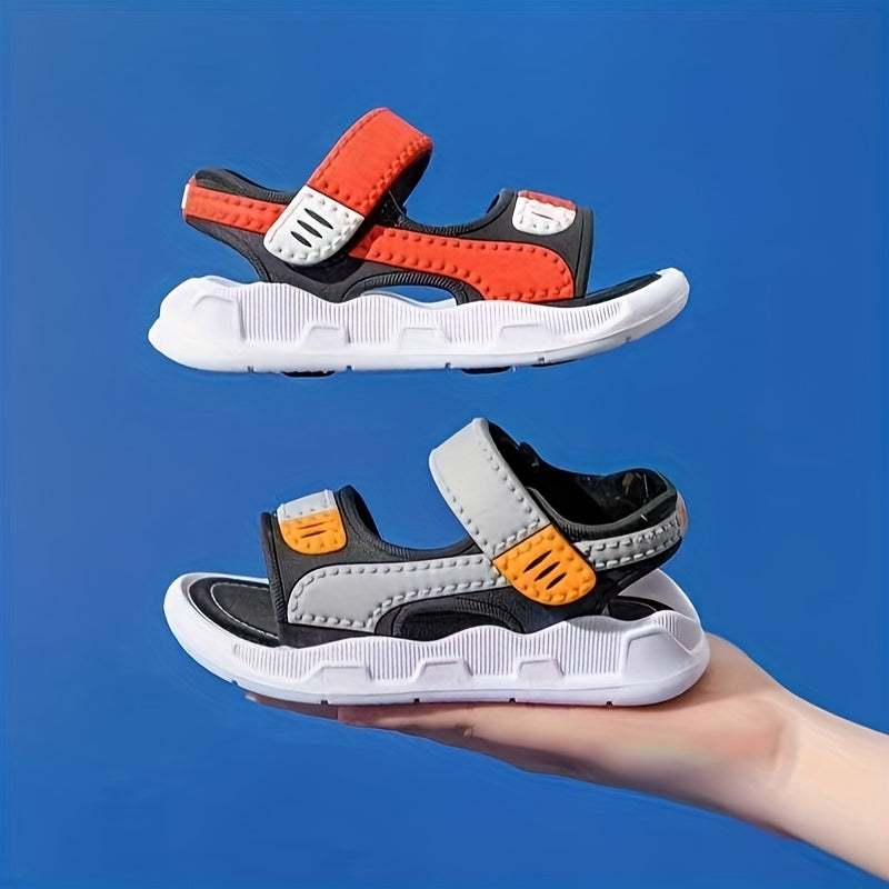 Boys' cartoon design beach sandals with hook-and-loop closure, breathable PU material, rubber sole for outdoor fun in movement and leisure style during spring/summer.