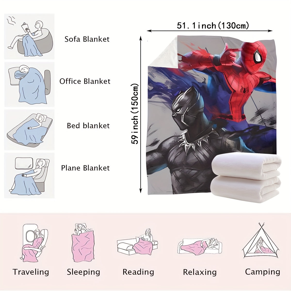 Experience the thrilling battle between Spider-Man and Black Panther on our stylish and detailed red, black, and gray interwoven blankets. Elevate your home with modern and fashionable accessories that bring your superhero dreams to life. Our range of