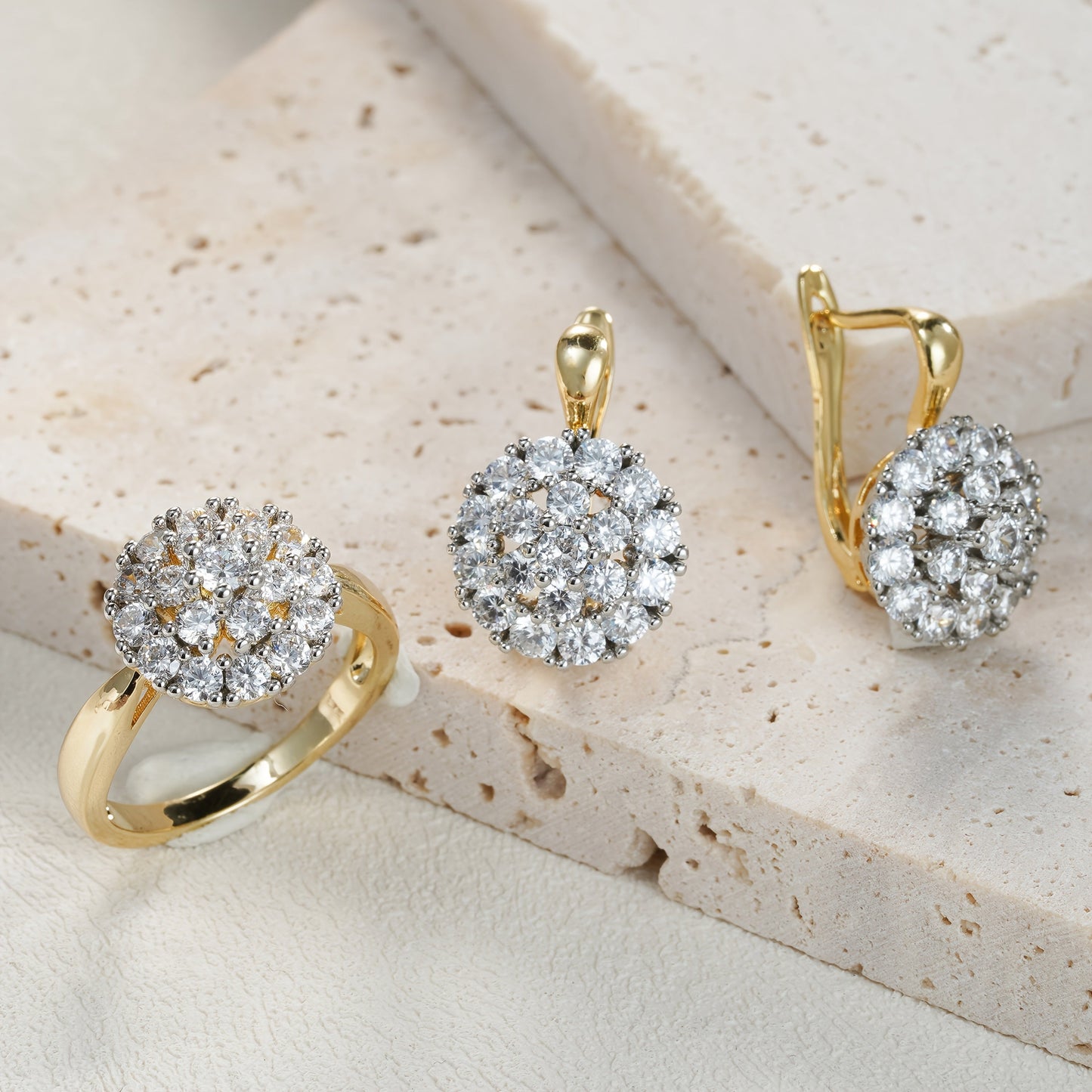 Stunning 18K Gold Plated Copper Jewelry Set featuring Synthetic Zirconia Earrings and Ring, Perfect for Parties and Gifts, Timeless Style for Any Occasion