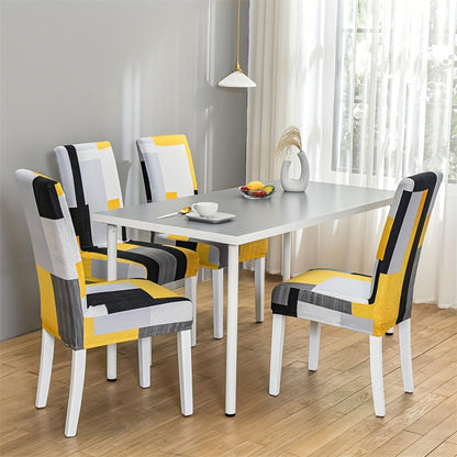 Set of 4/6 elastic dining chair slipcovers with geometric print for home, hotel, restaurant, banquet decor protection.