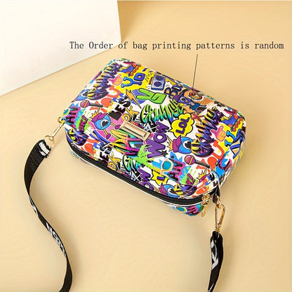 Urban fashion graffiti print crossbody bag with removable strap, glitter embellishment, and zippered closure. Ideal for casual or street style, perfect for secure travel.