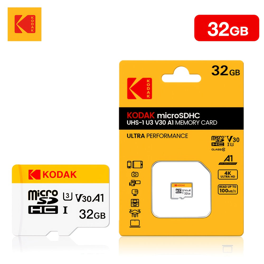 Kodak micro TF cards offer high-speed, Class 10 U3 performance for 4K HD video on various devices.