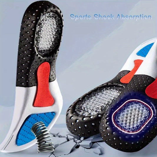 Unisex orthopedic insoles with memory foam gel inserts, arch support pads, and shock absorption for sports shoes.