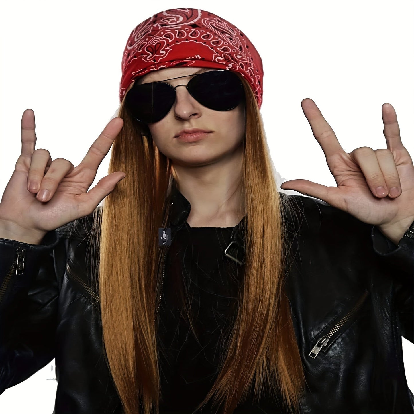 Get ready to rock with this Retro Rocker Costume Set, perfect for both men and women! This set includes 7 pieces that will transform you into a 70s/80s heavy metal hippie. Complete with a wig, bandana, fashion glasses, punk gloves, and tattoo sleeves