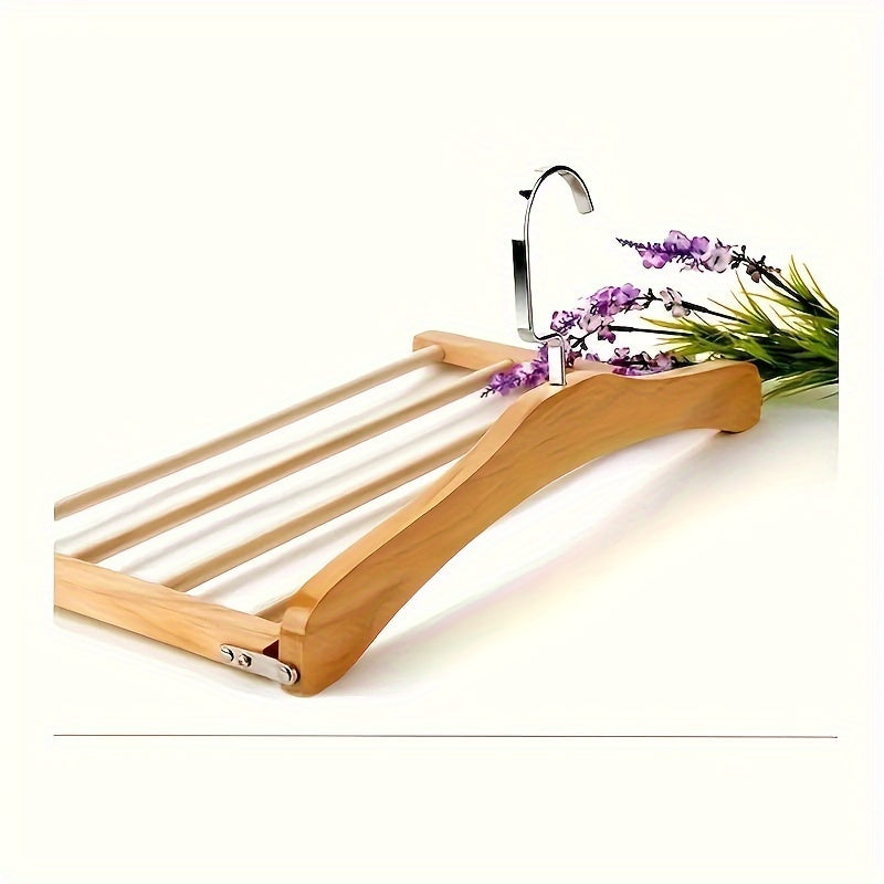 Wooden multi-layered hanger designed for hanging pants, hats, scarves, and belts. Features a no-mark hanging system and serves as a closet organizer for both home and dorm use.