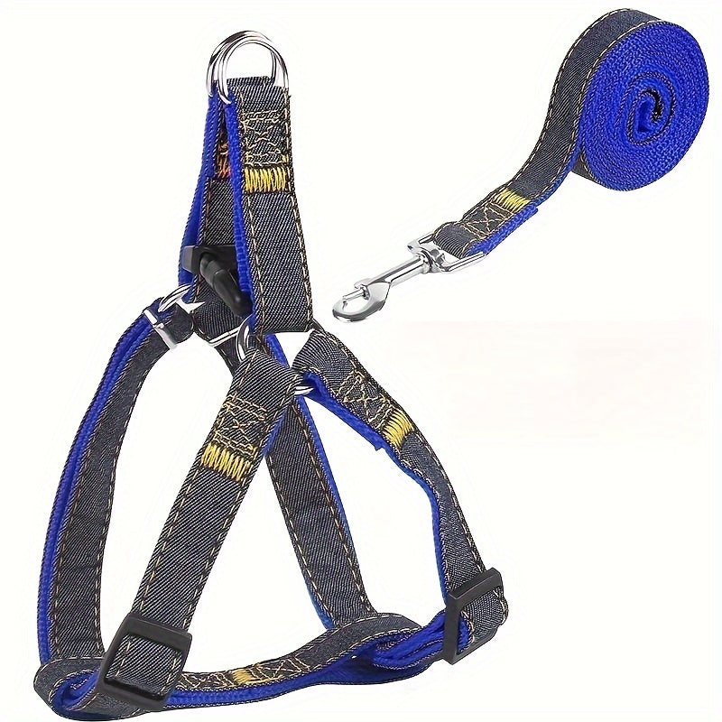 Adjustable and comfortable denim dog harness and leash set for small to large breeds made of durable polyester material.