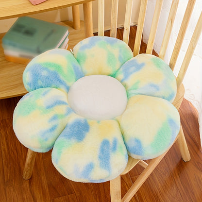 Flower-shaped plush pillow in pastel tie-dye, hypoallergenic, ideal for home decor and gifts. Dry clean only.