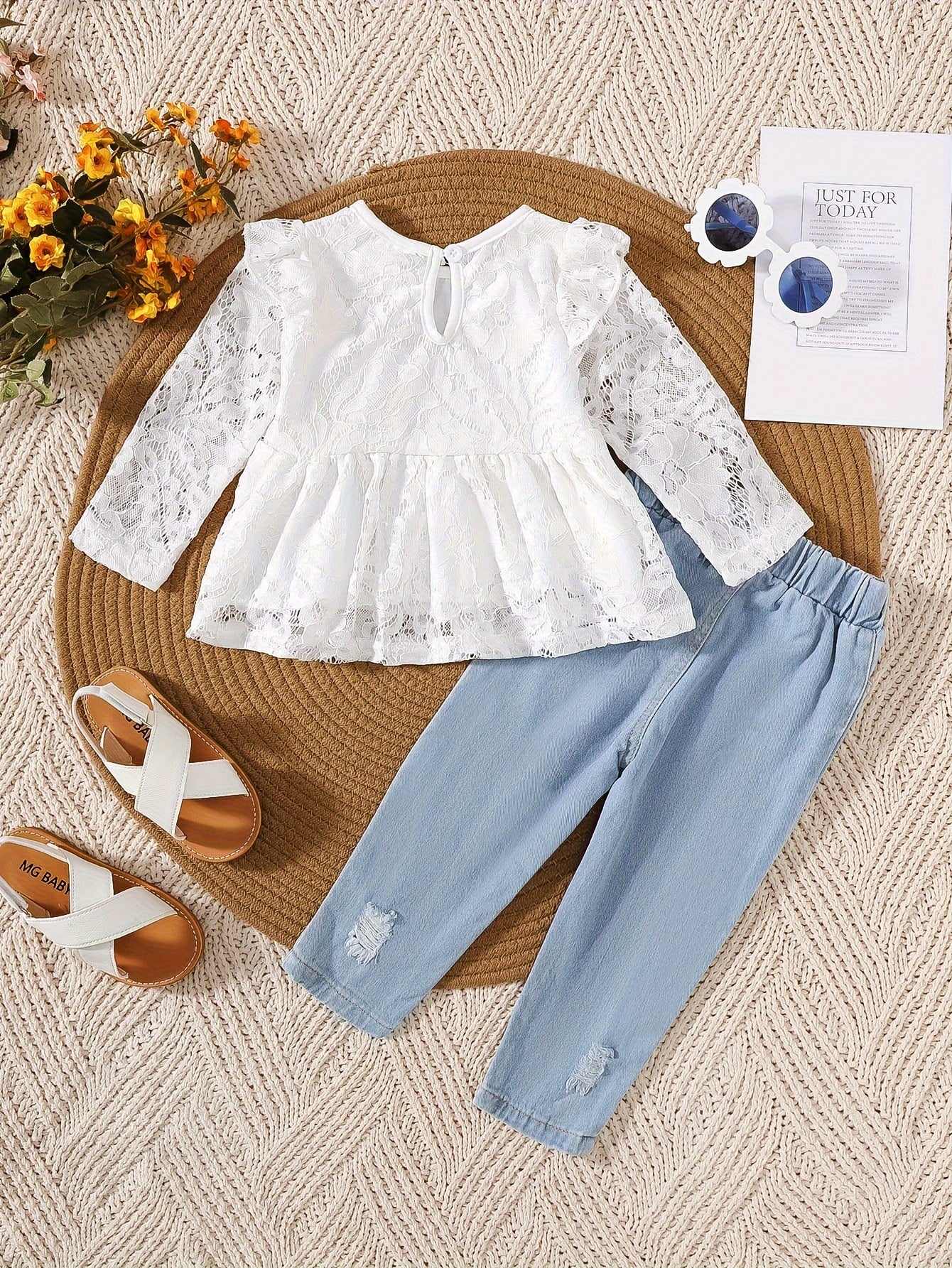 White Lace Fly Sleeve Top & Ripped Denim Jeans Set for Outdoor Seasons