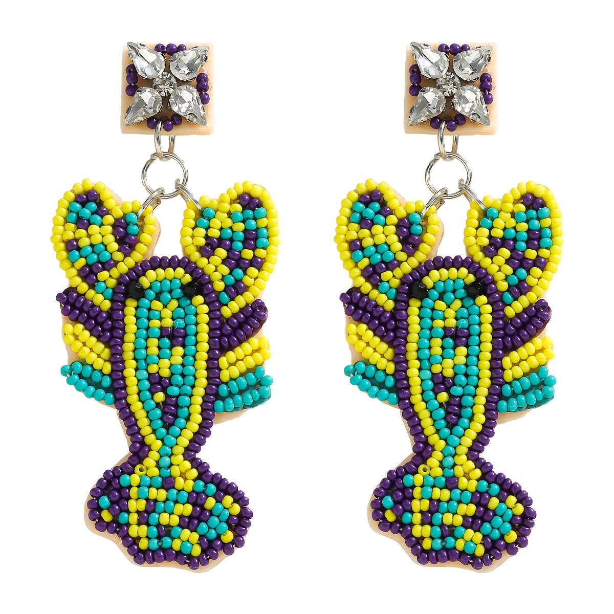 Mermaid-inspired beaded earrings with a Boho twist, adorned with colorful beads and rhinestones. Featuring a lobster claw design and stainless steel posts, these festive Mardi Gras earrings are perfect for daily wear or party occasions year-round.