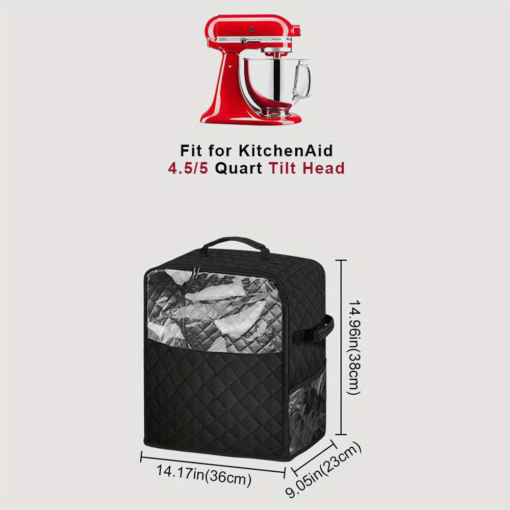 Elegant kitchen appliance brand Stand Mixer Dust Cover featuring a sleek design and slider base. Made with quilted nylon material, this storage bag is suitable for 4.5/5/6/8 Quart models. Includes pockets for accessories, appliance sliders, and