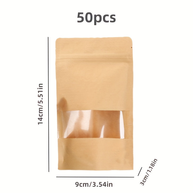 50/25 Waterproof Kraft Paper Stand Up Pouches with Window for Coffee, Resealable and Sealable for Home or Business Packaging.