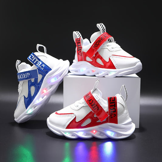 New LED light sneakers for kids in 2024 featuring letter ribbons, breathable mesh, and a glowing design.