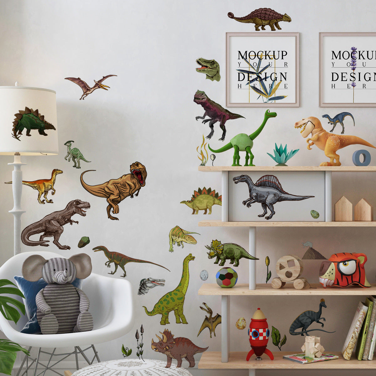 Glow in the dark dinosaur wall stickers for living room or bedroom decor.