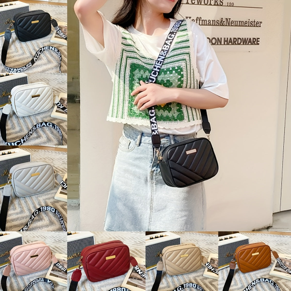 Women's quilted crossbody bag with stylish design, adjustable strap, multiple color options, PU material, suitable for everyday use.