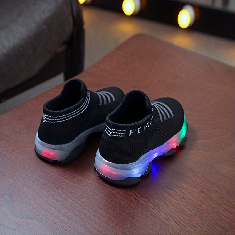 BananaDeer kids' slip-on sneakers with dual-tone gradient design, LED light effect, and durable rubber sole. Perfect for boys and girls during spring/fall and youth sports.