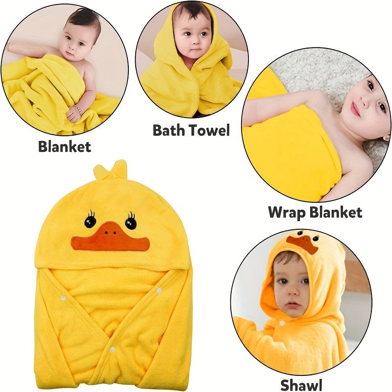 One piece baby hooded bath towel featuring an ultra soft and highly absorbent cartoon duck pattern. Perfect for babies, toddlers, infants, and newborns. Makes a great gift for boys and girls. Size: 27.5 x 55 inches.