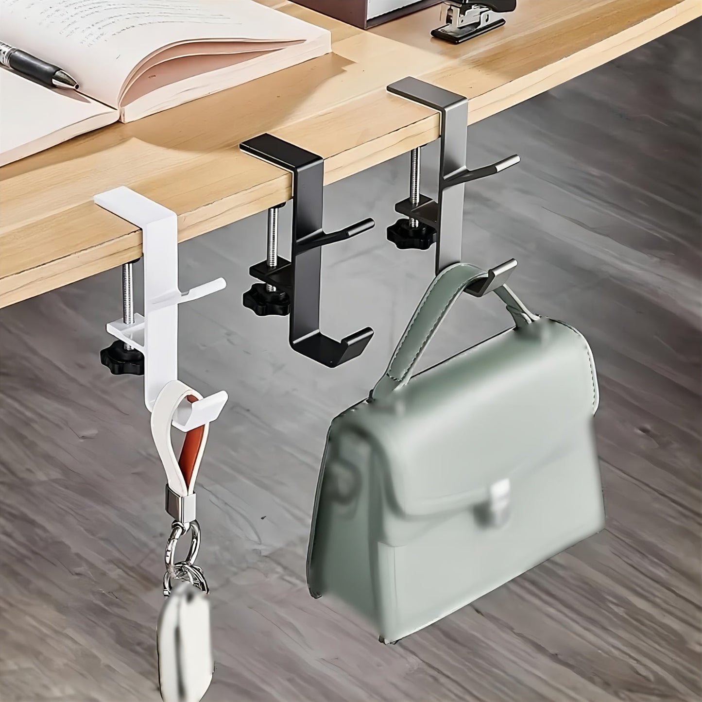 Adjustable Aluminum Under-Desk Hook: Sturdy, Easy to Install, Ideal for Holding Bags on Home, Office, and School Desks.