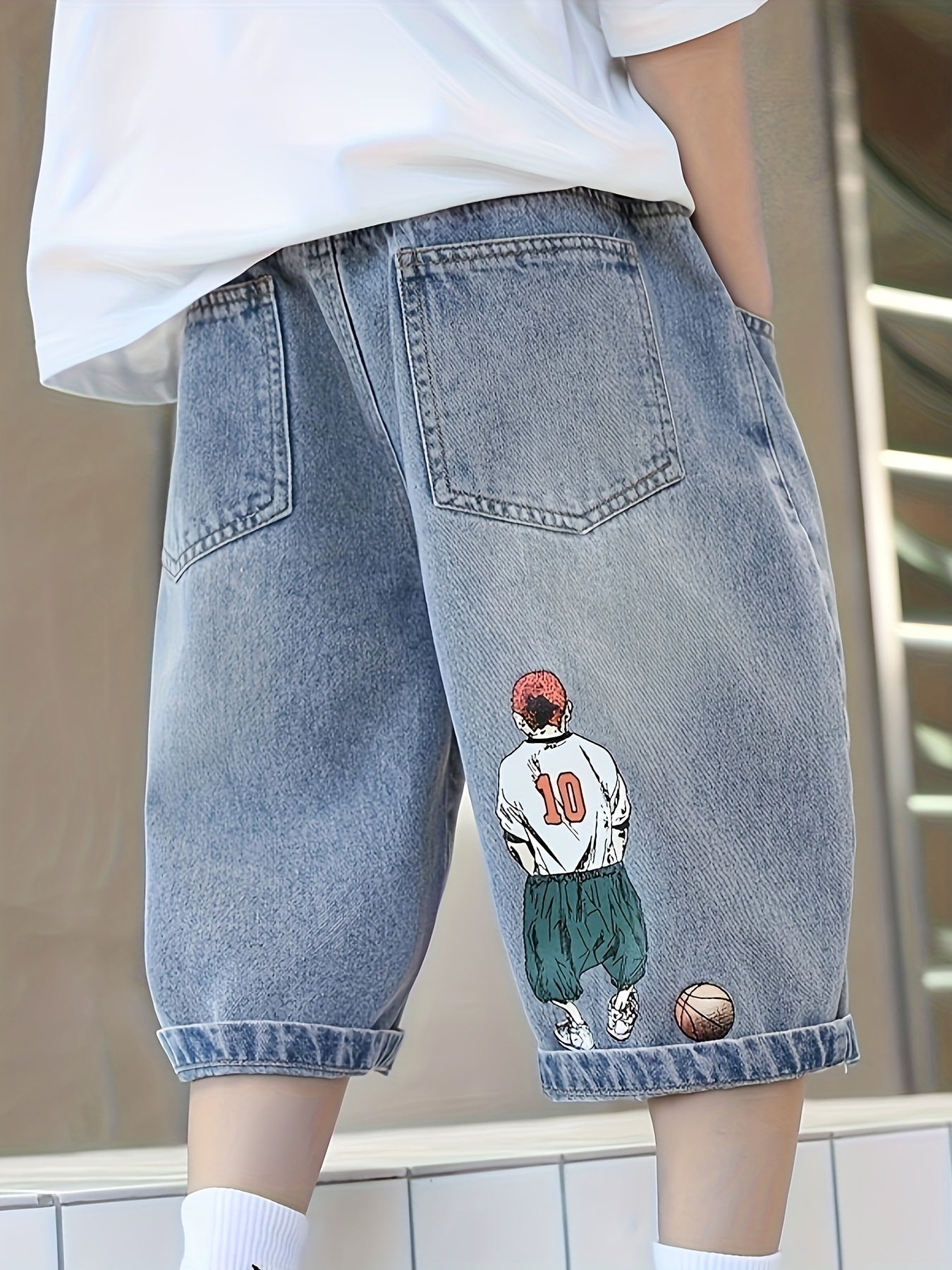 Boy's wide leg cropped jeans with cartoon graphics, loose and comfy for all seasons.