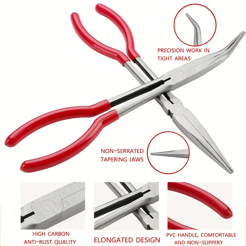 Set of long handle melting pot pliers with various nose styles for precise control and easy handling. Ideal for use with melting pot quartz bowl fixtures. A versatile tool for a variety of tasks.