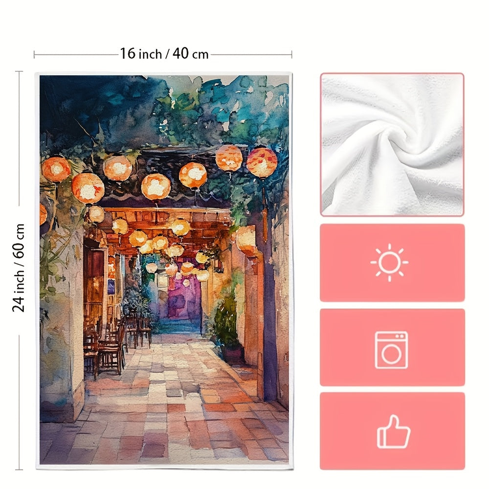 Two pieces of kitchen towels featuring an "Enchanting Lantern-Lit Courtyard" design. These ultra soft towels are highly absorbent, machine washable, and have a contemporary style. Measuring 40.64x60.96 cm, they are perfect for holiday decor.