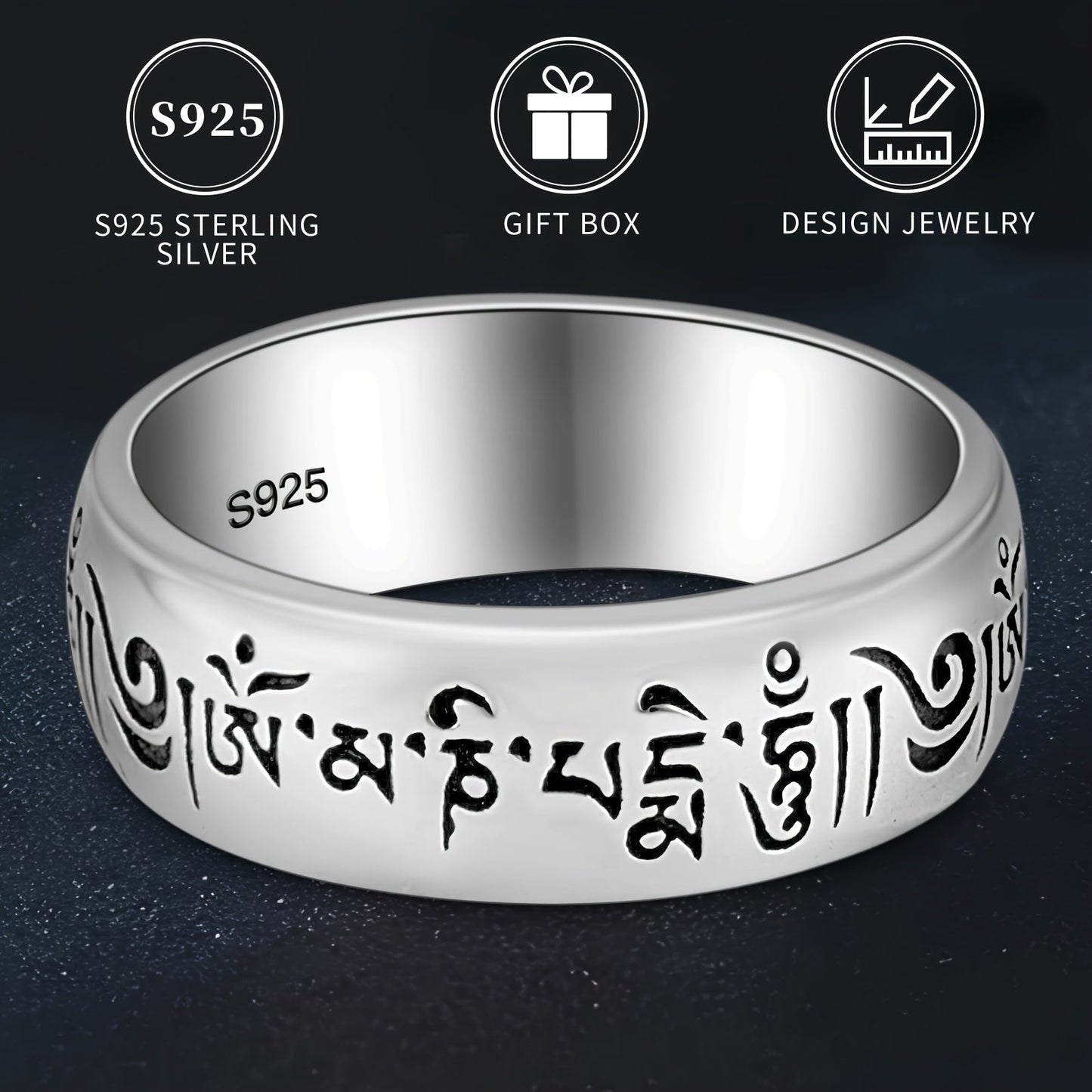 Vintage Ethnic Style 925 Sterling Silver Ring, 5g, Unisex, Hypoallergenic, Nickel-Free, Engraved with Mantra, Celestial Symbol and Solid Silver Plating. Ideal for Everyday Wear and Gifting, Comes in a Gift Box for presentation.