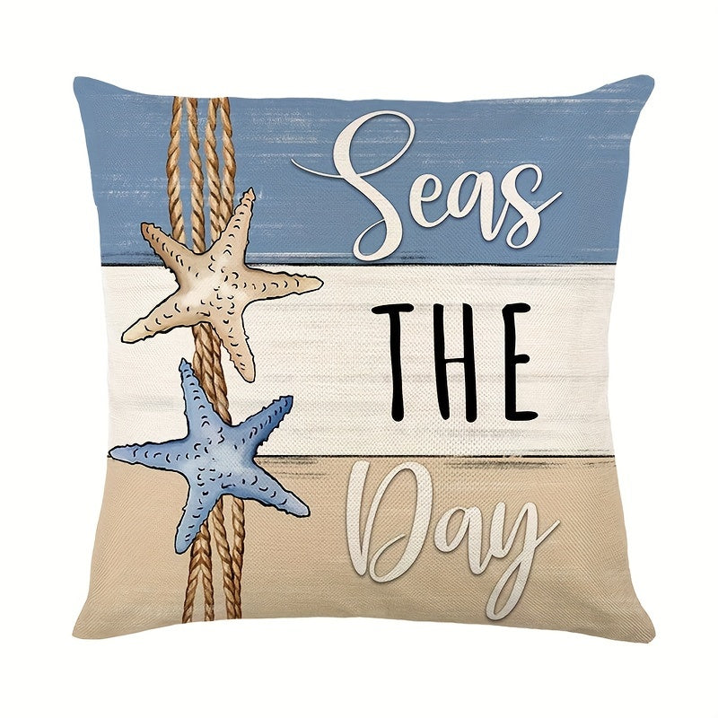 Summer starfish and shell throw pillow covers in a contemporary style, measuring 45.72x45.72 cm. Perfect for nautical ocean beach holiday theme decor, suitable for home, porch, patio, couch, sofa, and outdoor use. Made of durable polyester, pillow