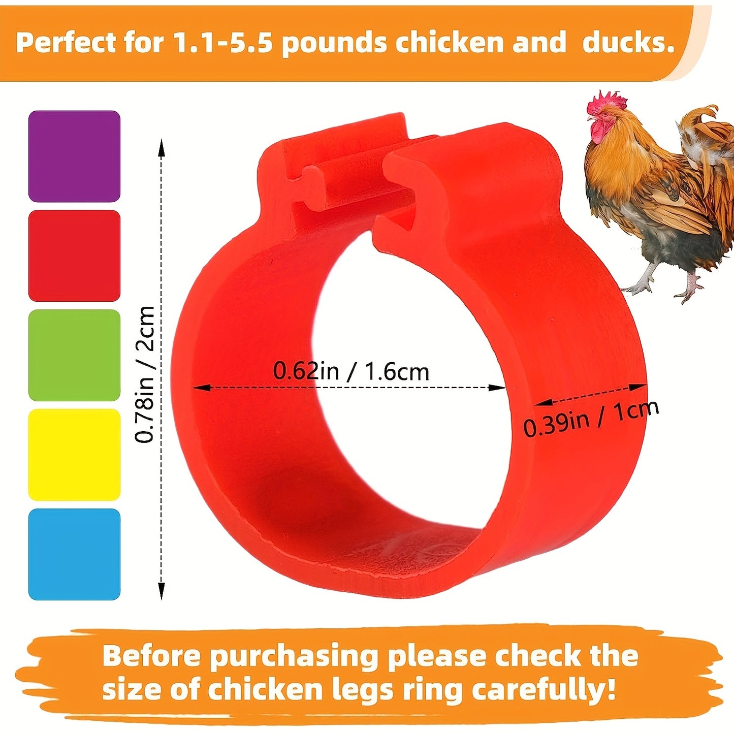 Pack of 100 colorful numbered chicken leg bands for various poultry species - 16mm clip-on ankle rings made of plastic for identification and selection purposes.