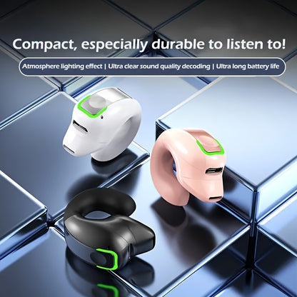 Wireless clip-on earbuds with long battery life, phone control, voice noise reduction. Ideal for running, compatible with all smartphones.