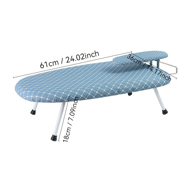 A sturdy ironing board with four foldable legs and a detachable fabric cover for reliable stability during ironing.