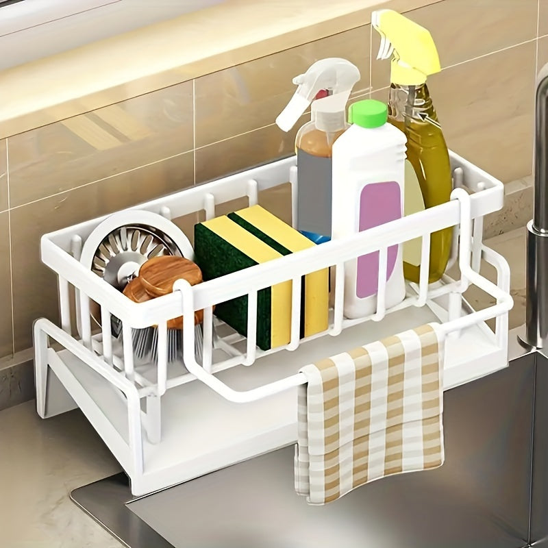 Simplify your kitchen with the 1pc Sponge Caddy Sink Organizer. This versatile holder is perfect for storing all your cleaning supplies, such as scrubbers, brushes, and soap. It is designed to keep your kitchen tidy and organized. Suitable for ages 14