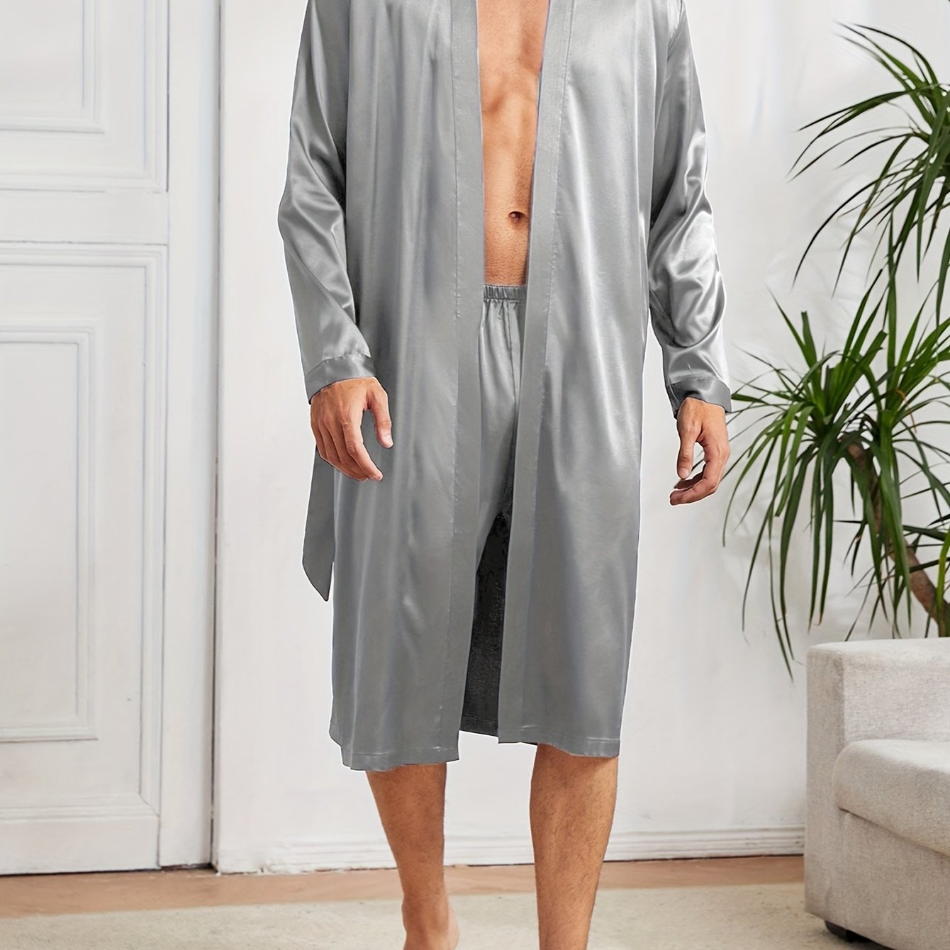 Men's simple style casual pajama sets, comfy solid robe, lace-up robe, and loose shorts home pajama sets.