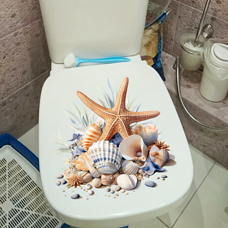 Waterproof toilet sticker with oceanic design: starfish and seashell, self-adhesive PVC, matte finish. Perfect for bathroom decor, easy application on tank and lid. Great Christmas or Halloween gift decoration.