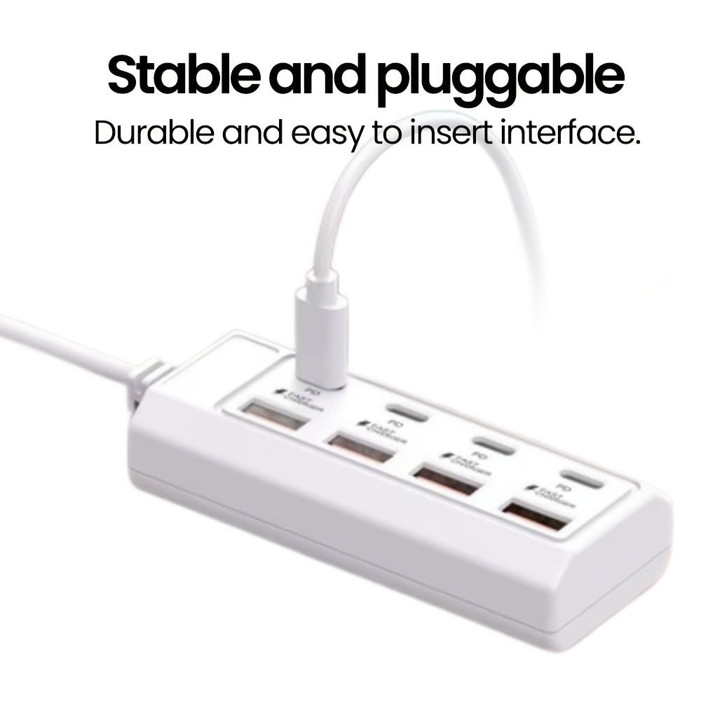 8-port USB adapter with 4 USB and 4 PD ports, 25W fast charging hub compatible with various USB devices and suitable for 5V devices like computers, laptops, and tablets.