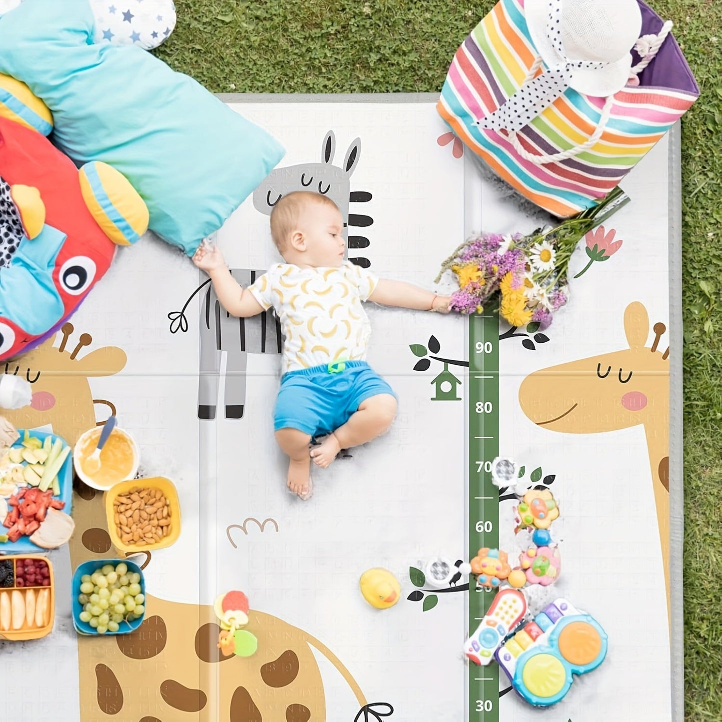 This reversible giraffe and geometric play mat is designed for youngsters, measuring 127.0x127.0 cm. It is waterproof, made of thick foam for safety, and can be easily folded and carried. This portable floor mat is perfect for both toddlers and young