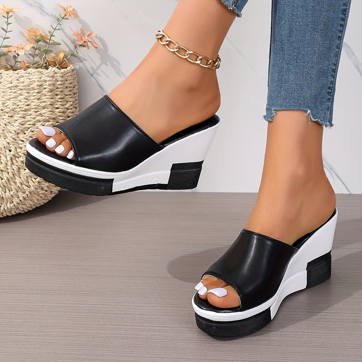 Summer wedge sandals for women with contrast peep toe and platform slide design for outdoor wear.