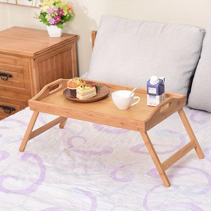 Multifunctional wooden bed tray with folding legs, perfect for breakfast, snacks, work, or study in bed or on the sofa. Great for picnics, camping, dorm rooms, and home use.