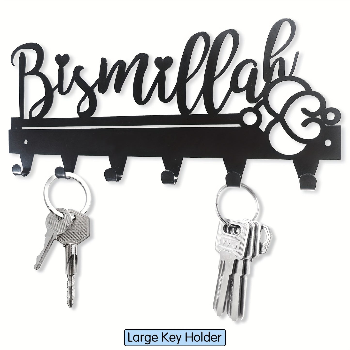 1-pc Bismillah Metal Key Holder: Black decorative wall-mounted key organizer for entryway and kitchen. Wall decor with key hooks, ideal for home and kitchen storage. Wall-mounted version