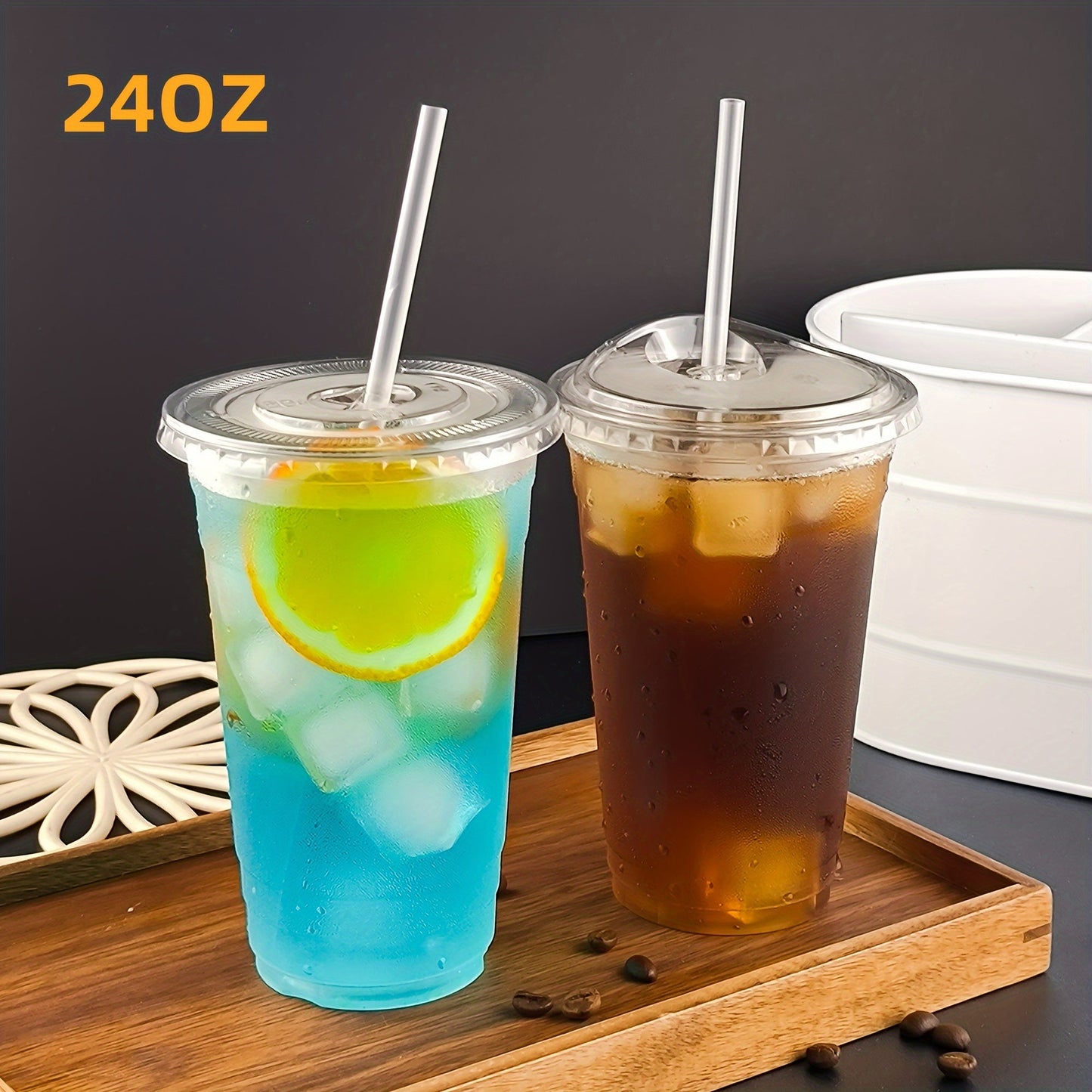 Get 25 sets of 24oz clear plastic cups with lids and straws, made from PET material. These cups are perfect for iced coffee and cold drinks, great for summer, outdoor events, and on-the-go drinkware.