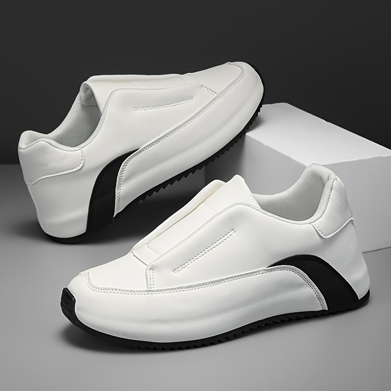 Men's slip-on casual sneakers in black & white with a thick sole, height boosting feature, round toe, and low-top design. Made with PU upper and fabric lining for versatility in all seasons.