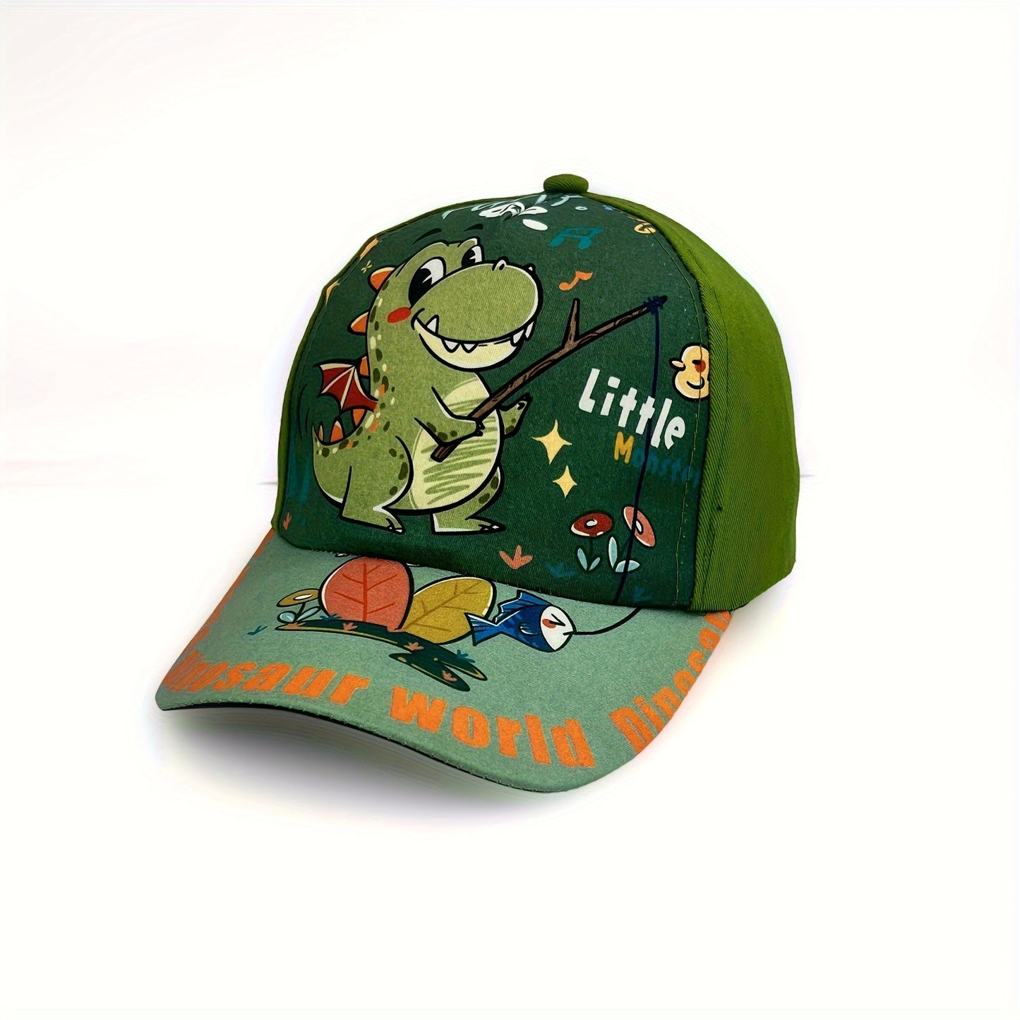 Adjustable cartoon dinosaur print baseball cap for boys and girls.