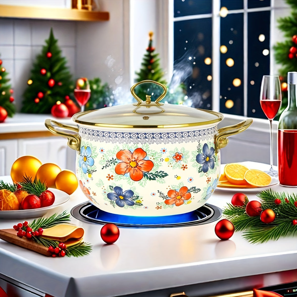 Enamel Soup & Stew Pot with Dual Handles - High-Quality Cookware for Gas & Induction Stoves, Ideal for Family Gatherings & Special Occasions - Includes Clear Lid for Easy Viewing