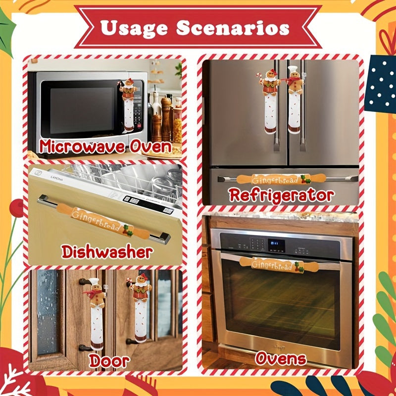 Set of three Christmas gingerbread refrigerator door handle covers, perfect for adding a festive touch to your kitchen. These covers are washable, feather-free, and microwave safe, making them a practical and stylish decoration for the holiday season.