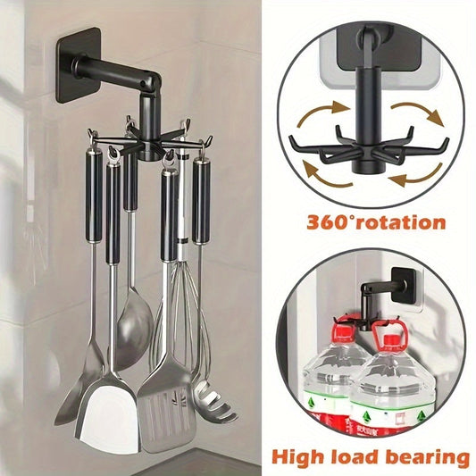 Wall Mount Utensil Holder with Rotating Hooks - No Drill Installation, Expandable Pot Racks, Holds up to 1KG/2.2LB - Plastic Round Ceiling Hanging Shelf