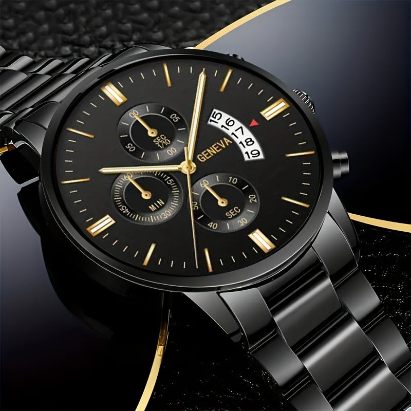 Casual Style Matching Bracelet Set Elegant Men's Stainless Steel Quartz Watch with Calendar Feature