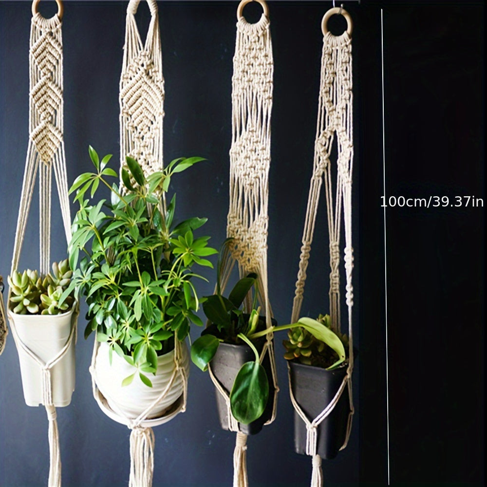 Set of 5 Macrame Hand Weave Plant Hangers for Home Decor. Includes Plant Climbing Support Rack and Hanging Pot for Green Plants.